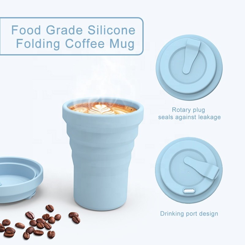 Reusable Portable Coffee Mug Heat Resistant Silicone Collapsible Travel Cup with Lid