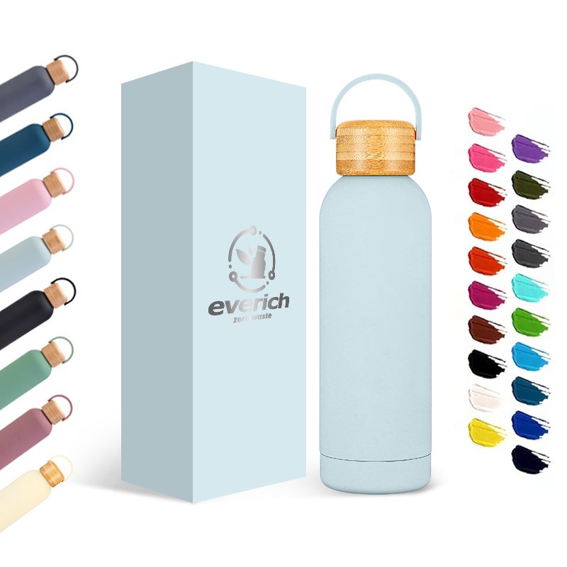 Everich Double Wall Stainless Steel Insulated Water Bottle with Bamboo Lid 350ml 500ml 750ml 1000ml Vacuum Flask Options