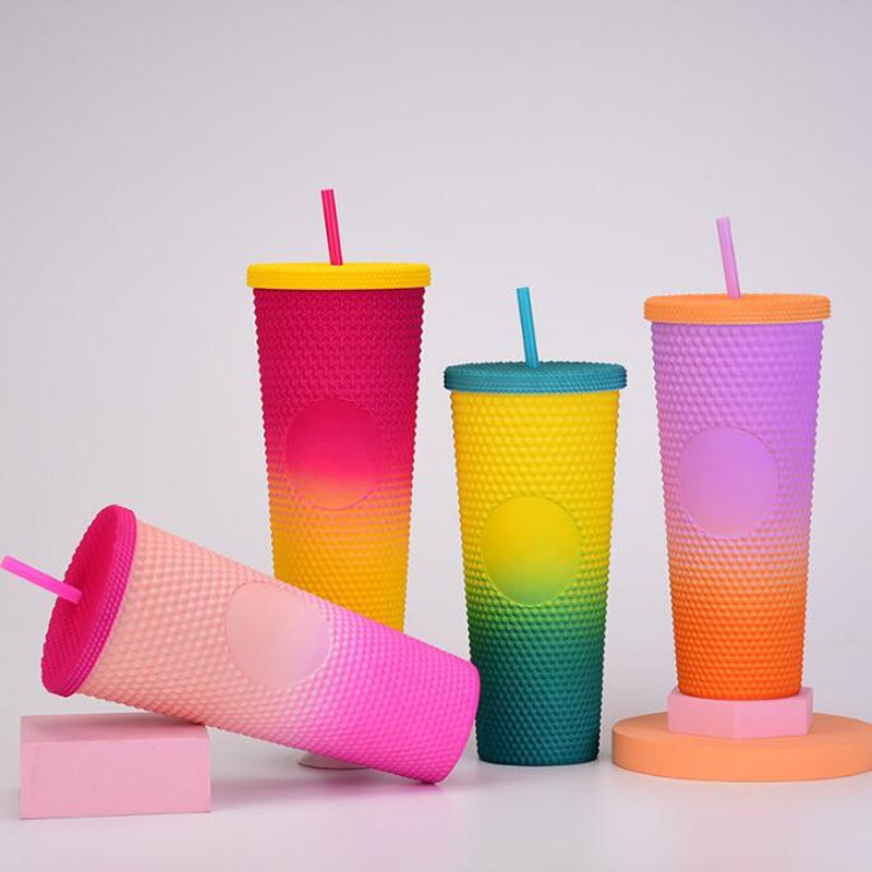 710ml Plastic Water Tumbler 24oz Matte Double Wall Diamond Cup Durian Shape Water Bottles Tumbler