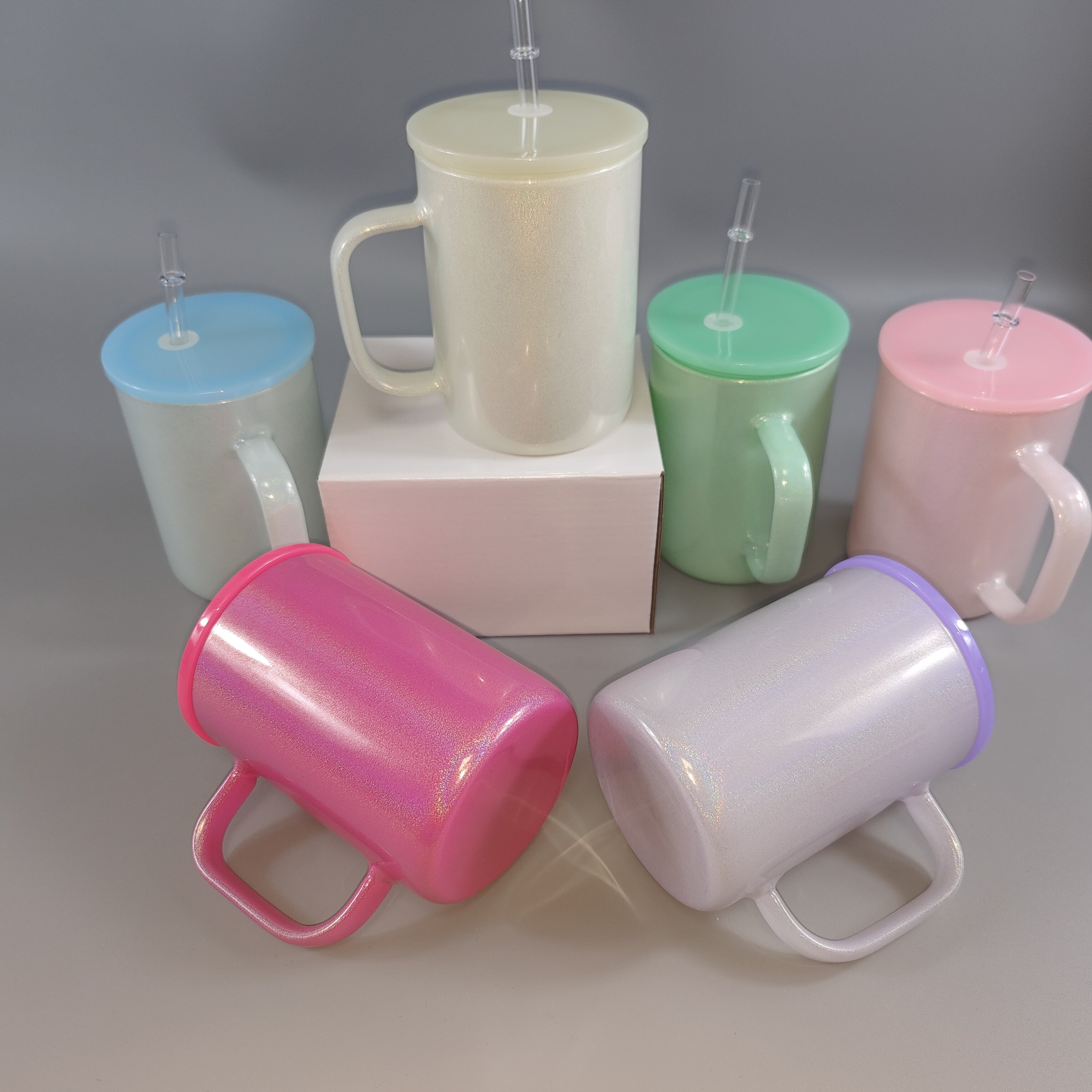Shimmer glitter 15oz sublimation blanks coffee mug with handle 17oz glass beer can mug with colorful plastic lids