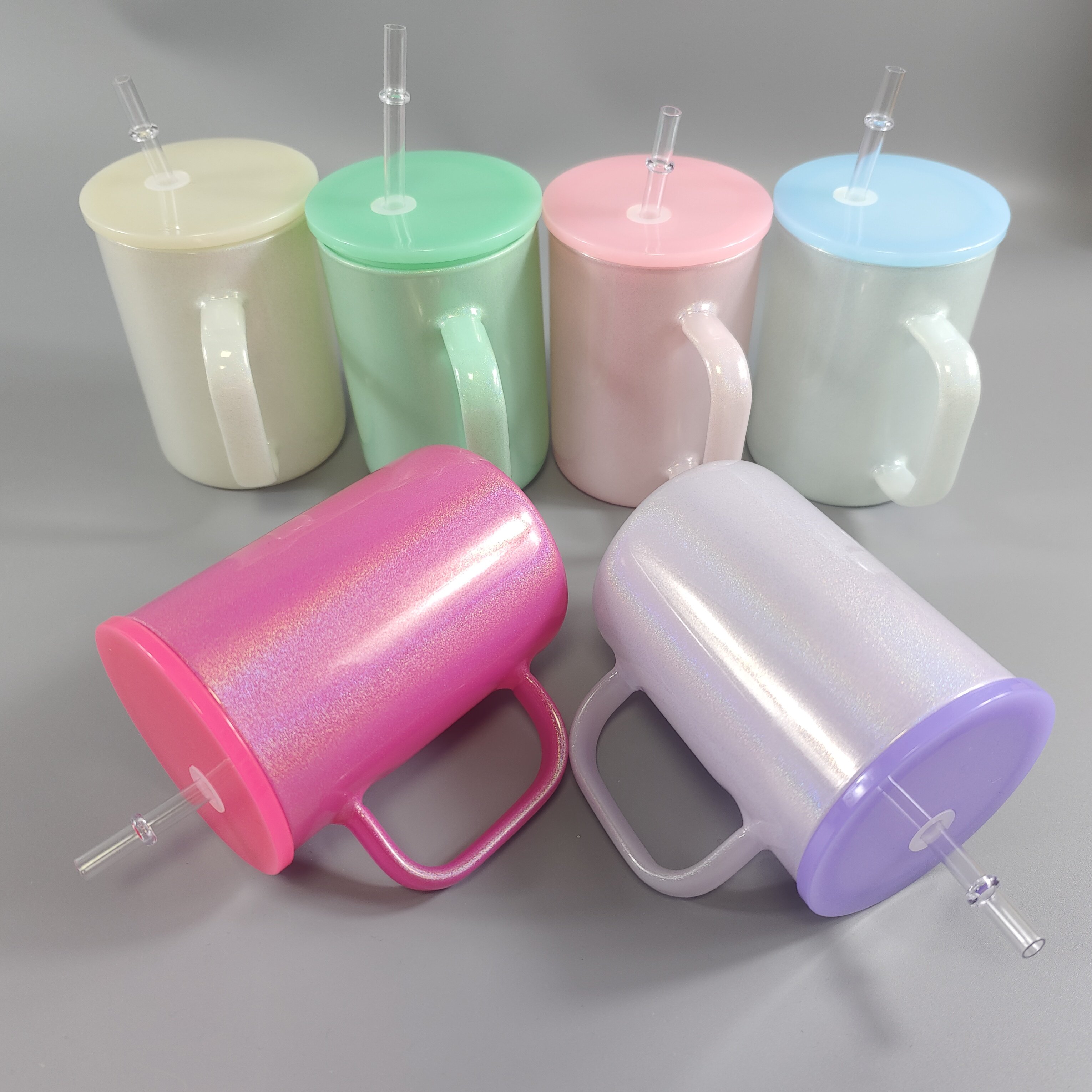 Shimmer glitter 15oz sublimation blanks coffee mug with handle 17oz glass beer can mug with colorful plastic lids