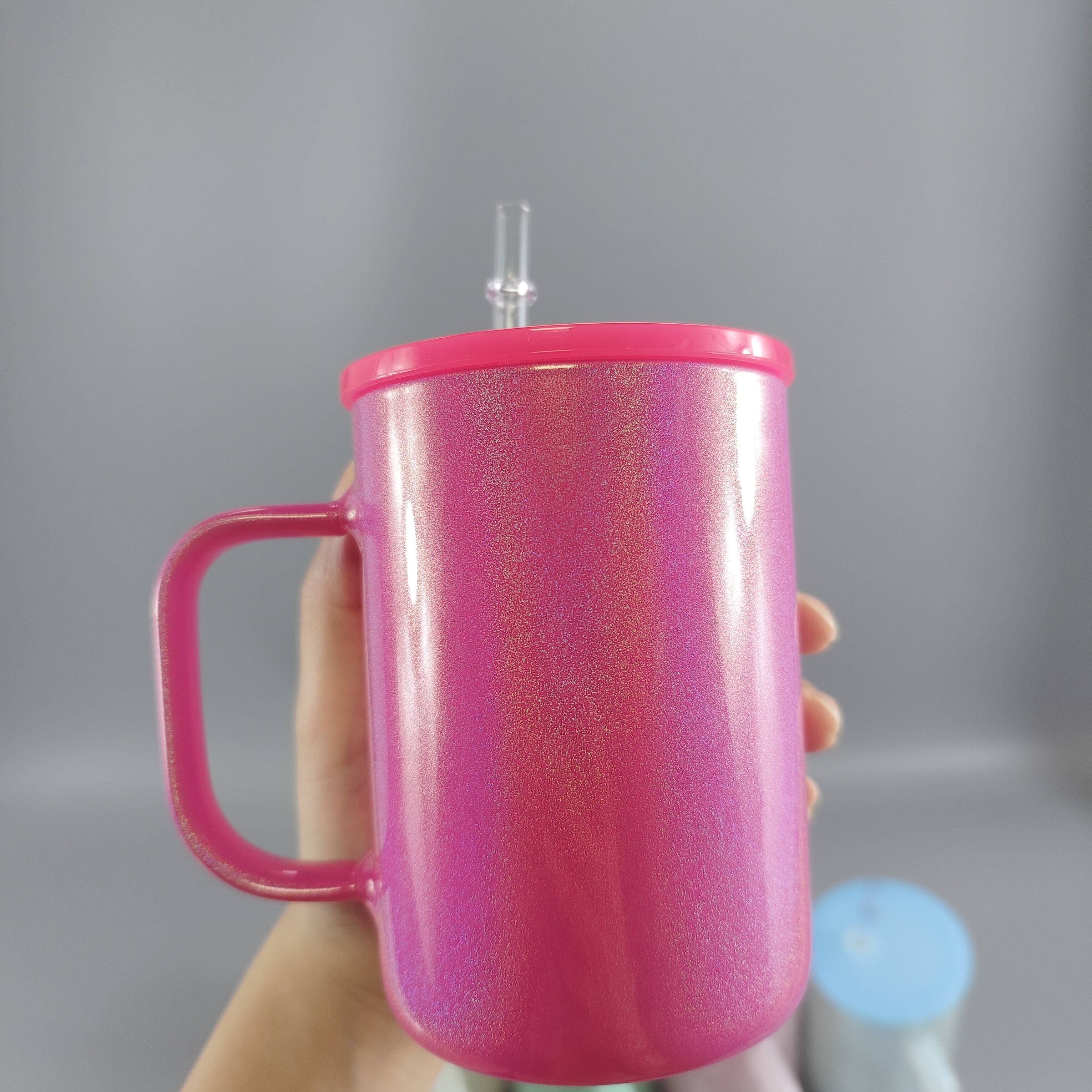 Shimmer glitter 15oz sublimation blanks coffee mug with handle 17oz glass beer can mug with colorful plastic lids
