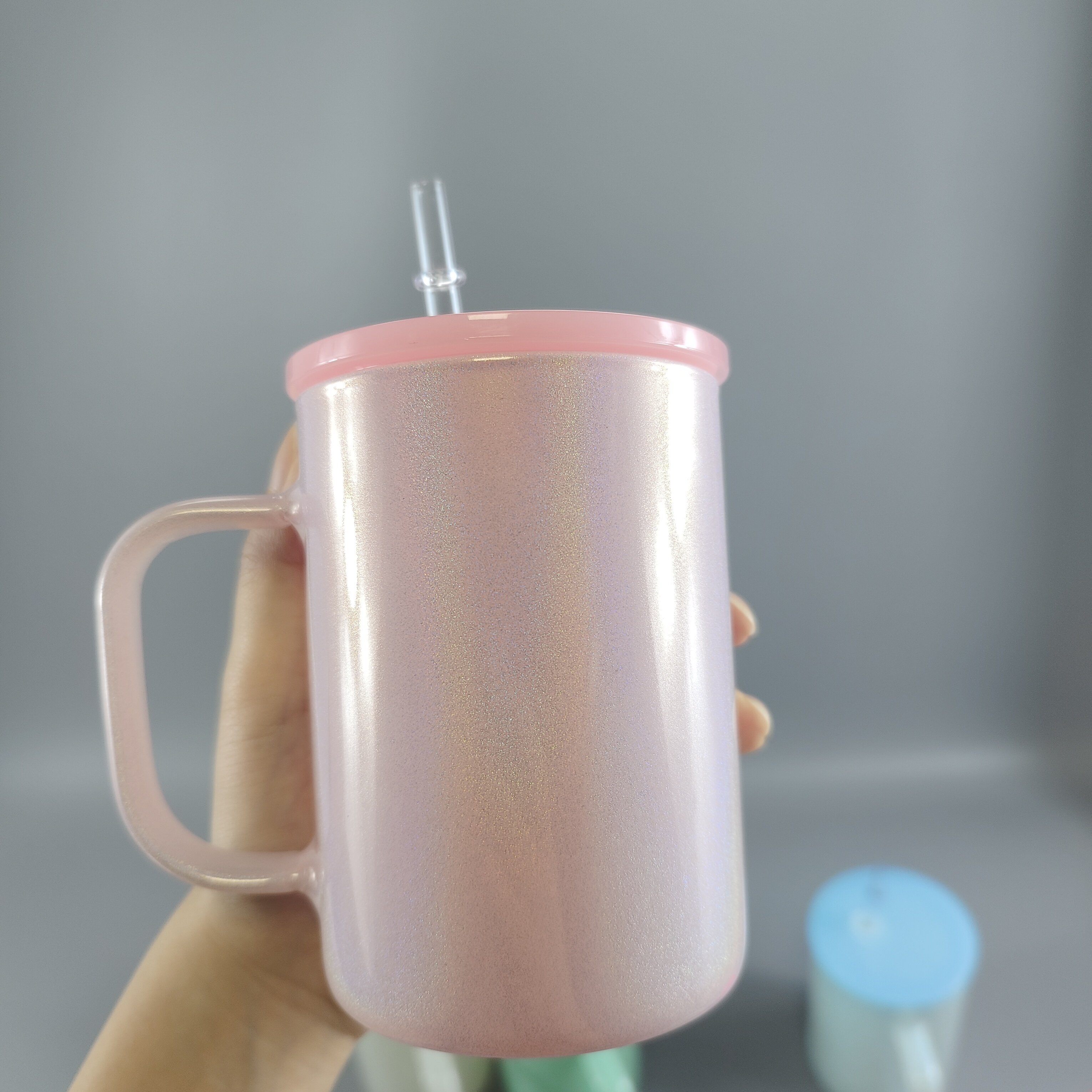 Shimmer glitter 15oz sublimation blanks coffee mug with handle 17oz glass beer can mug with colorful plastic lids