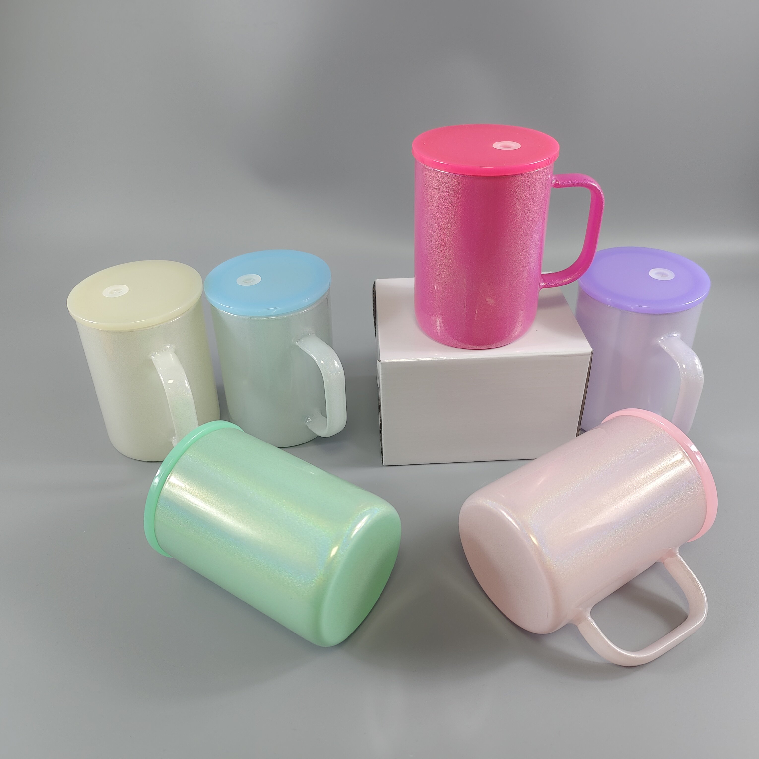 Shimmer glitter 15oz sublimation blanks coffee mug with handle 17oz glass beer can mug with colorful plastic lids