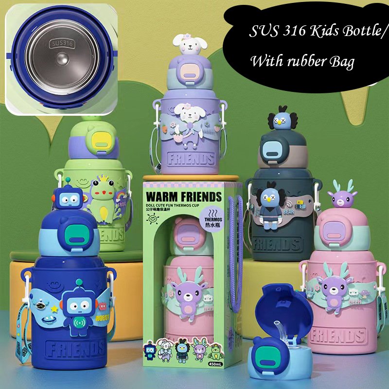 Personalized Children Vacuum Water Bottle With Rubber Bag 450ML Thermos Water Bottle For Children 316 Double Wall Kids Bottle