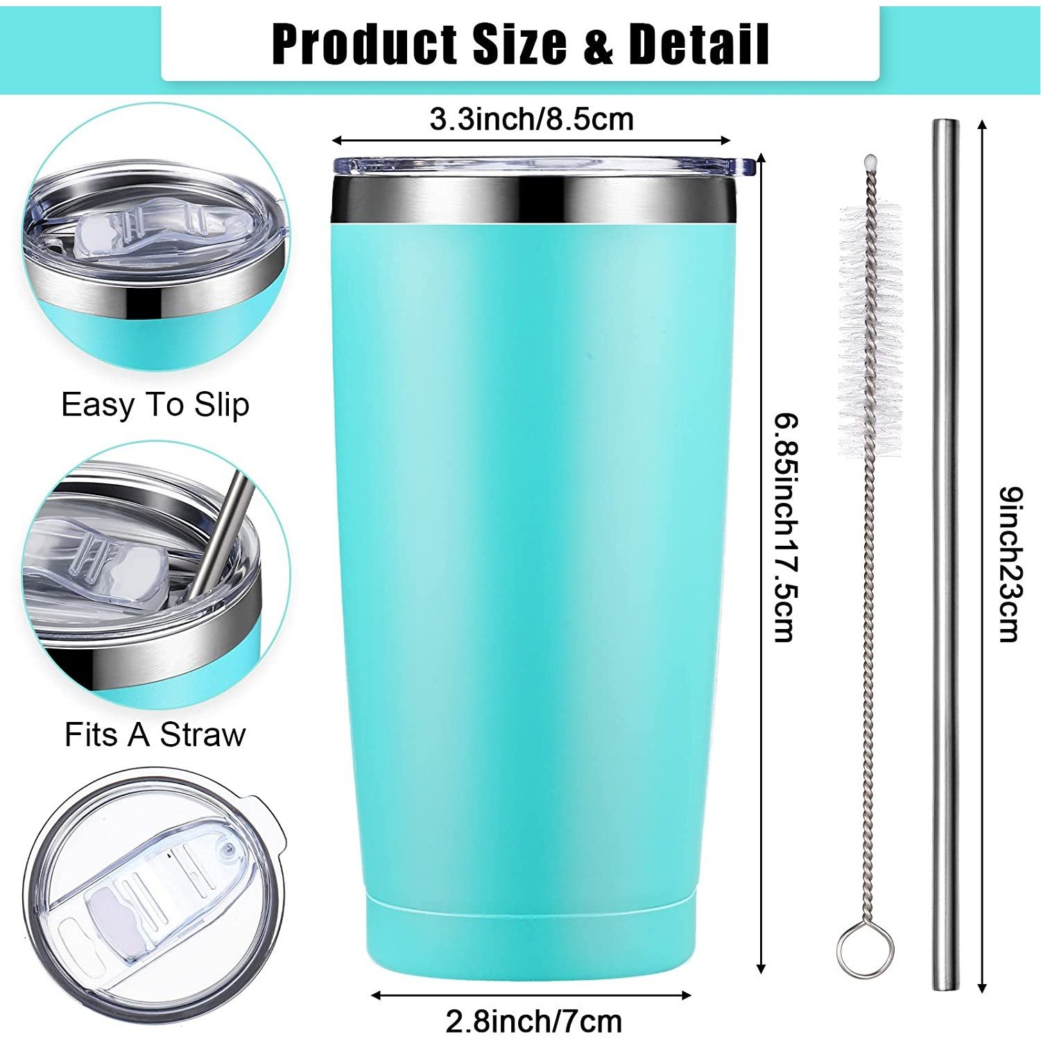 Custom Branded Insulated Travel Tumblers 20 Oz Stainless Steel Tumbler Cup with Lid and Straw Powder Coffee Mug