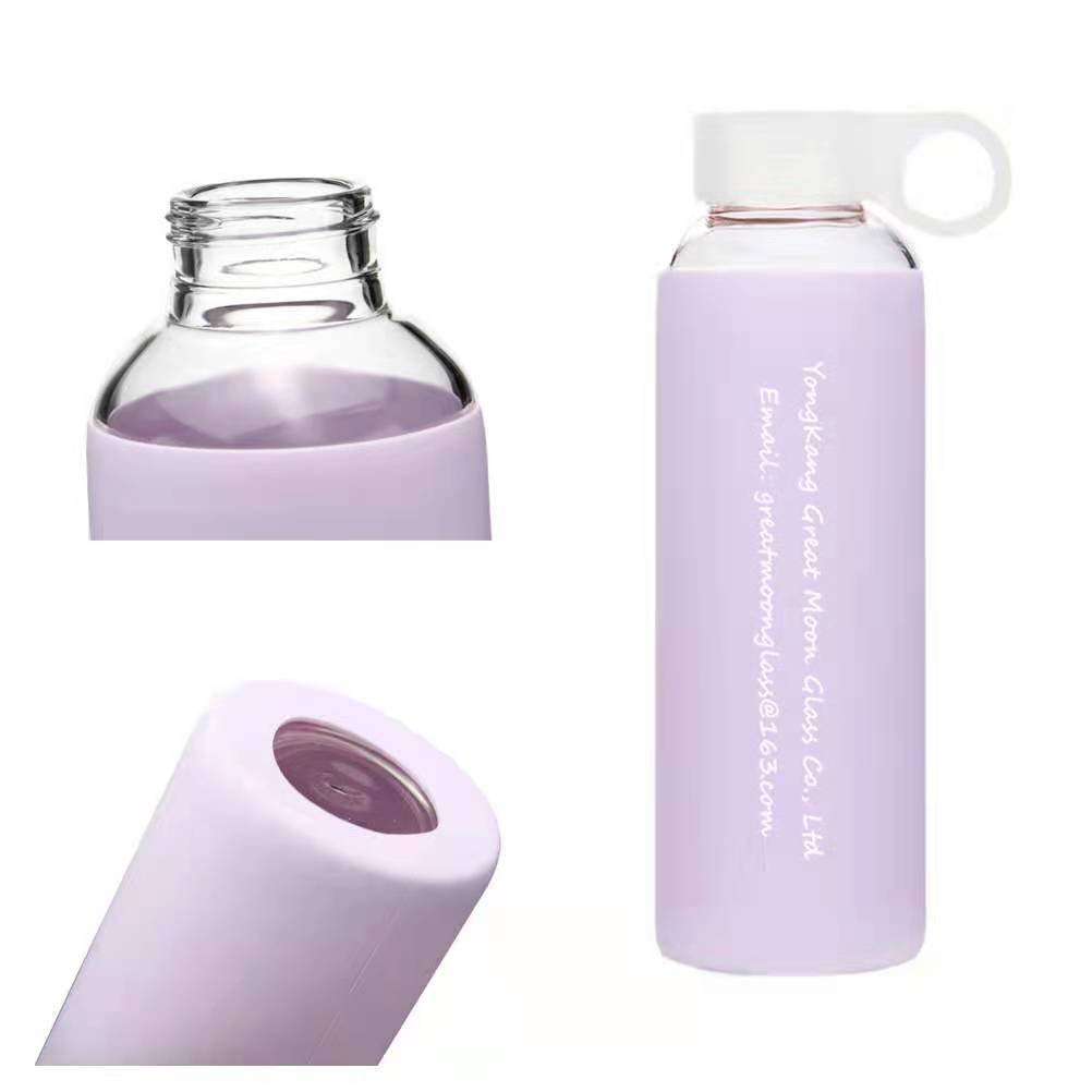 Glass Water Bottle Pink, Leak Proof Reusable BPA Free Motivational Water Bottle with Silicone Sleeve
