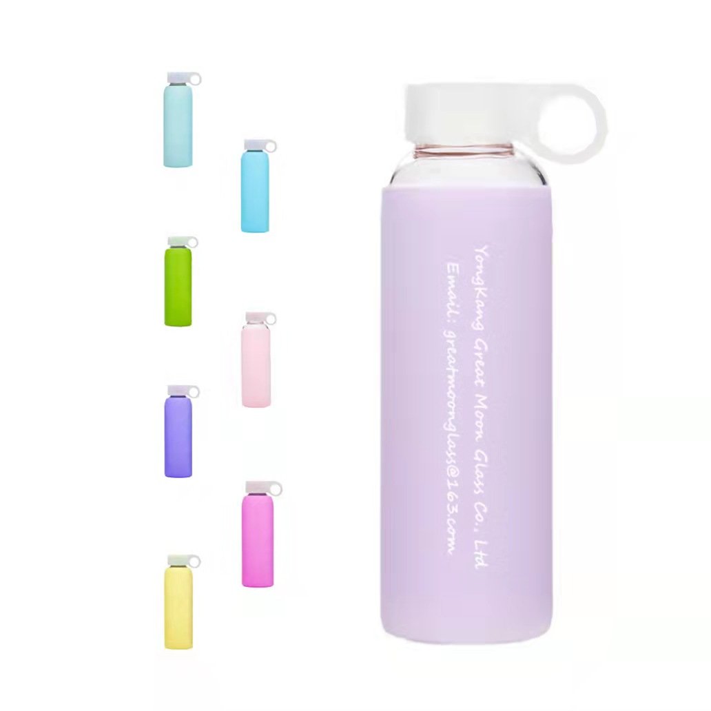 Glass Water Bottle Pink, Leak Proof Reusable BPA Free Motivational Water Bottle with Silicone Sleeve