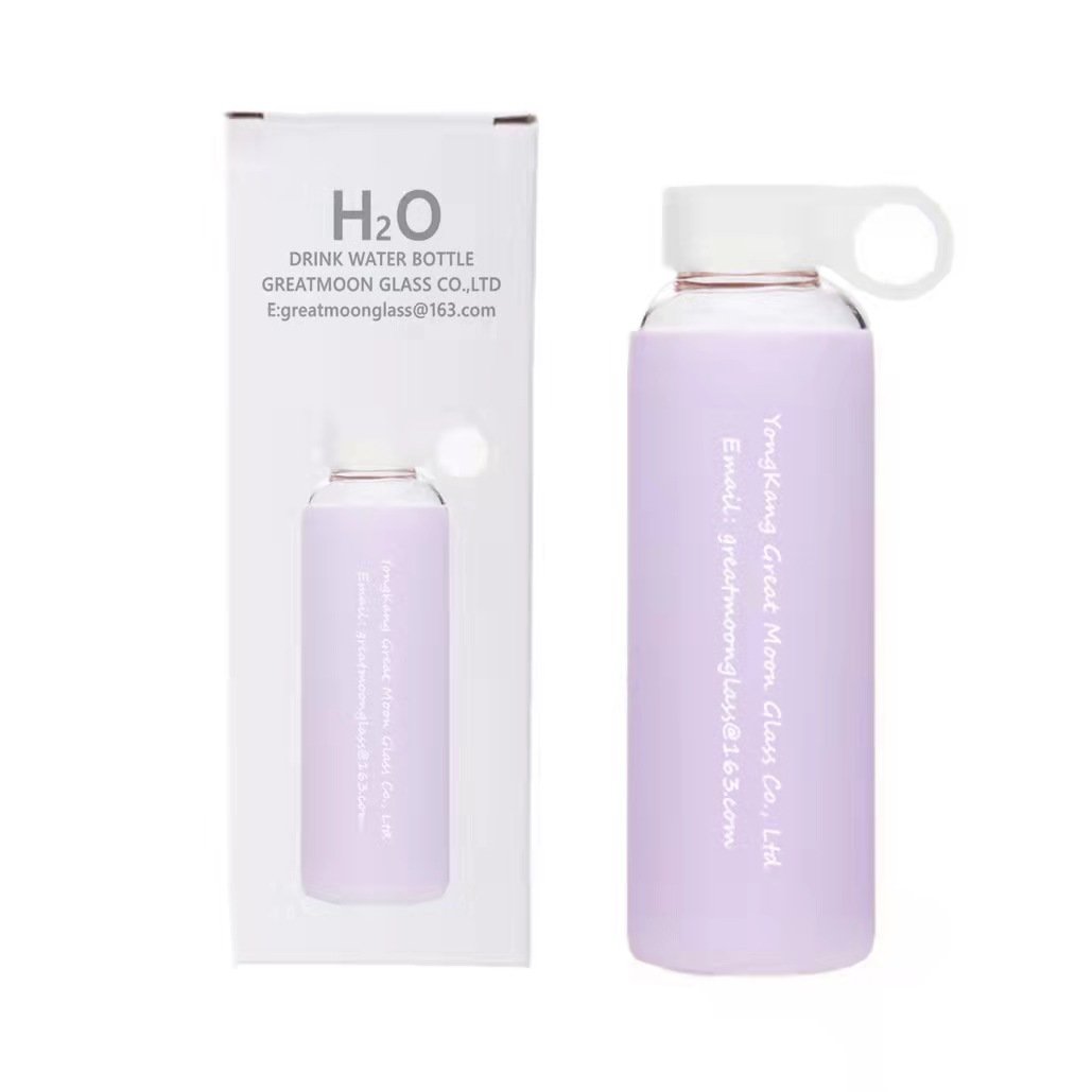 Glass Water Bottle Pink, Leak Proof Reusable BPA Free Motivational Water Bottle with Silicone Sleeve