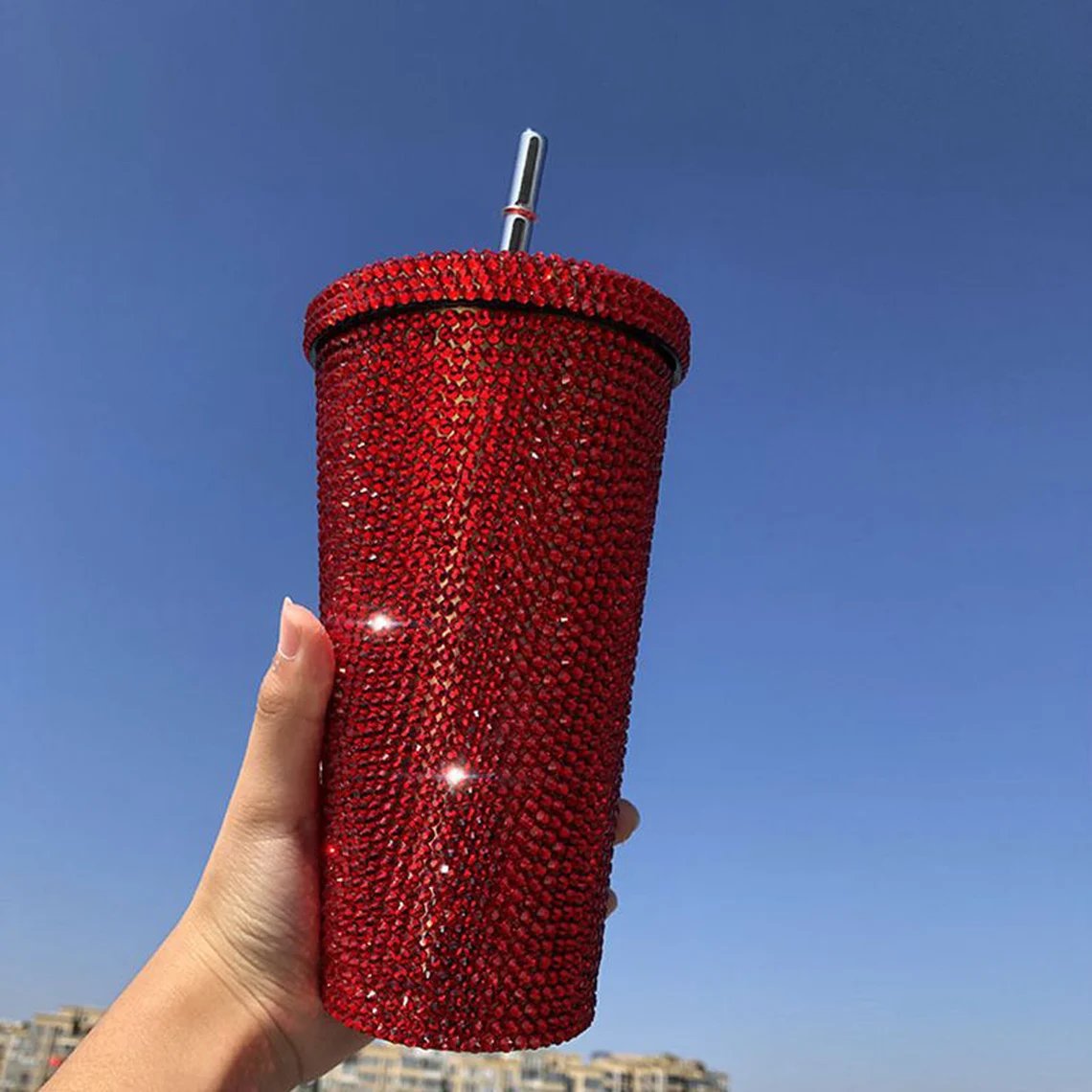 Glitter Rhinestone Diamond Drink Tumblers Double Wall Insulated Stainless Steel Coffee Travel Mug Tumbler with Lid and Straw