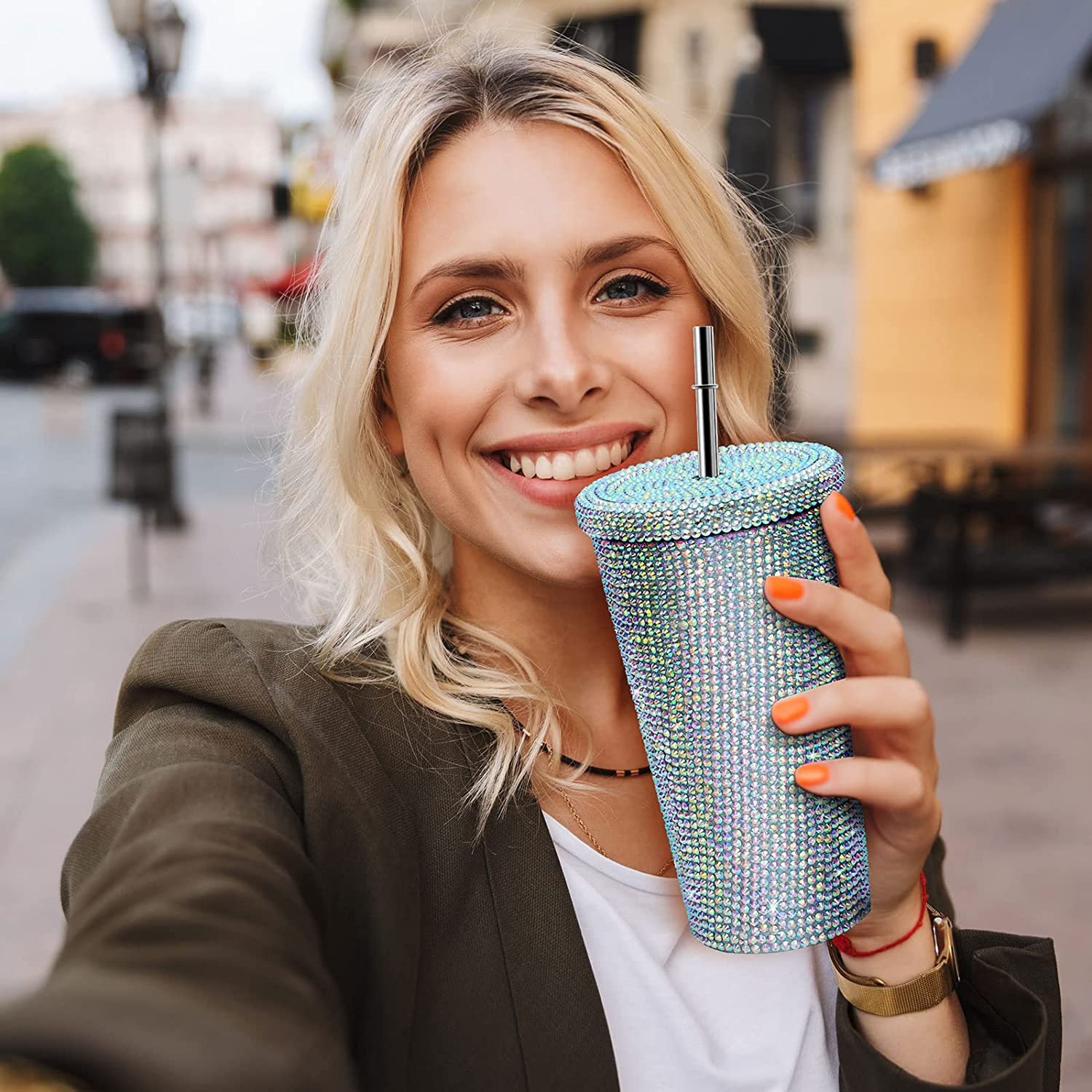 Glitter Rhinestone Diamond Drink Tumblers Double Wall Insulated Stainless Steel Coffee Travel Mug Tumbler with Lid and Straw