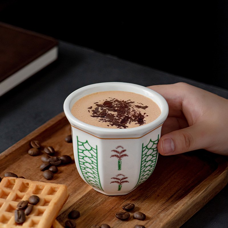 Classic Porcelain Espresso Coffee Mug Cawa Cups without Handle with Lid Printed Design New Style Tea Mug for Gift