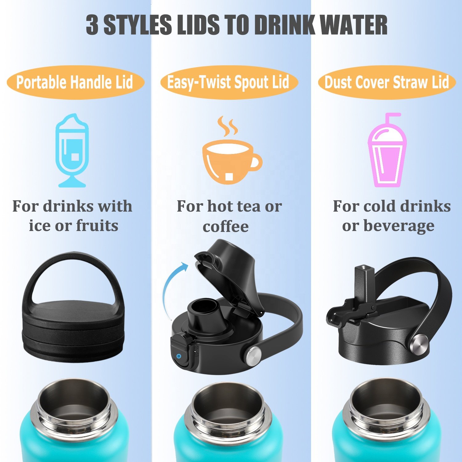 Gym customized logo stainless steel with straw lid vacuum wide mouth 32oz 3 set insulated sport water bottle with straw lid