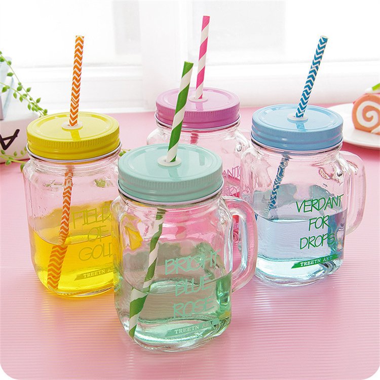 Custom Logo Drinking Juice Glass Mason Jar Tumbler Mug With Lid Straw