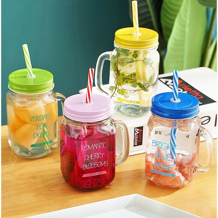 Custom Logo Drinking Juice Glass Mason Jar Tumbler Mug With Lid Straw
