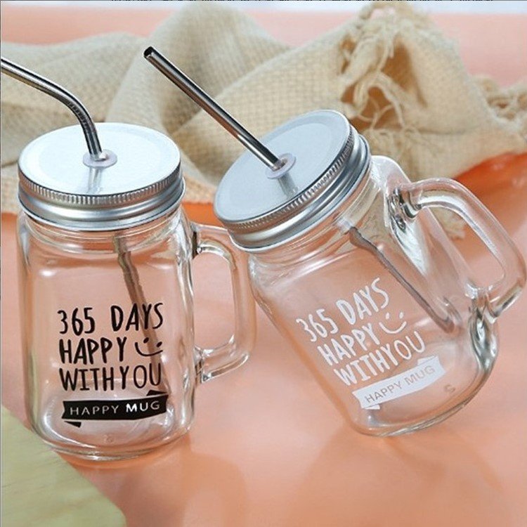 Custom Logo Drinking Juice Glass Mason Jar Tumbler Mug With Lid Straw