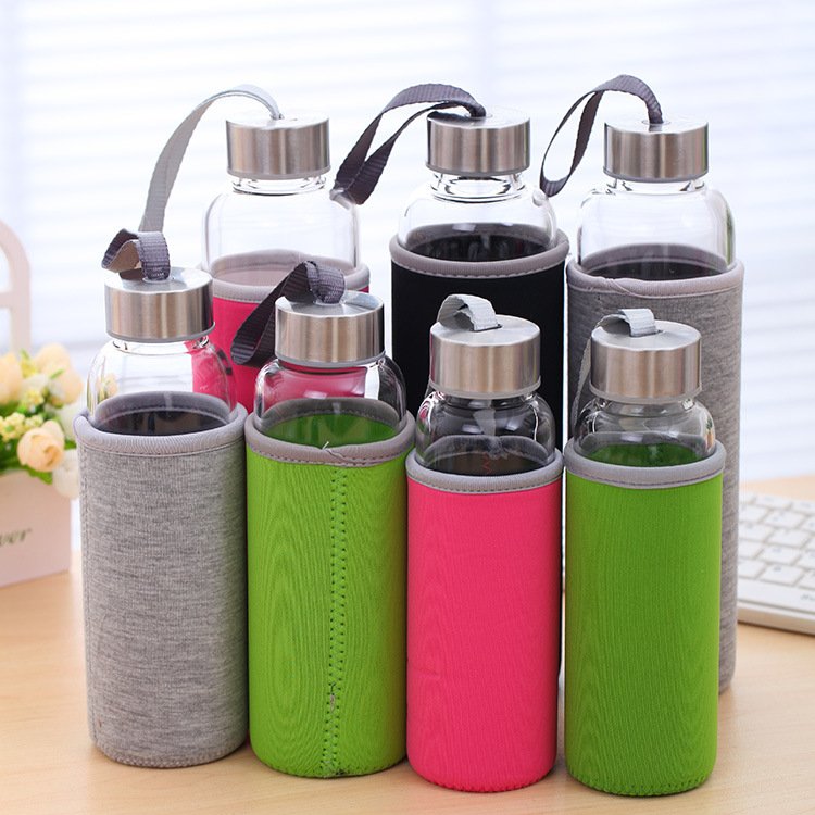 hot Wholesale 300ml 420ml 500ml 750ml 1000ml Empty Clear Round Glass Water Bottle with sleeve