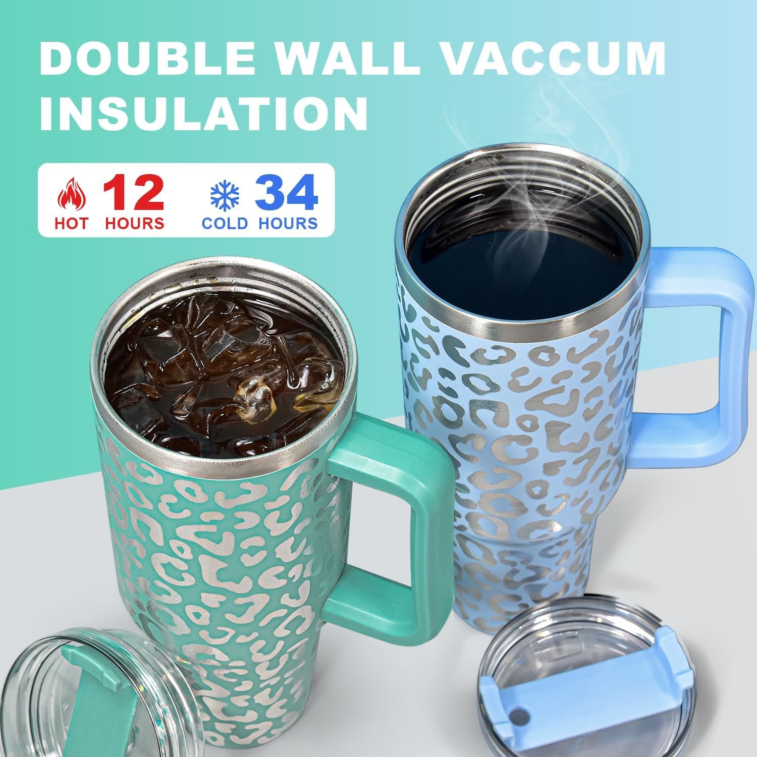 Custom Leopard 40 oz Stainless Steel Insulated Metal Travel Mug Temos Coffee Cup 40oz Tumblers With Handle And Straw