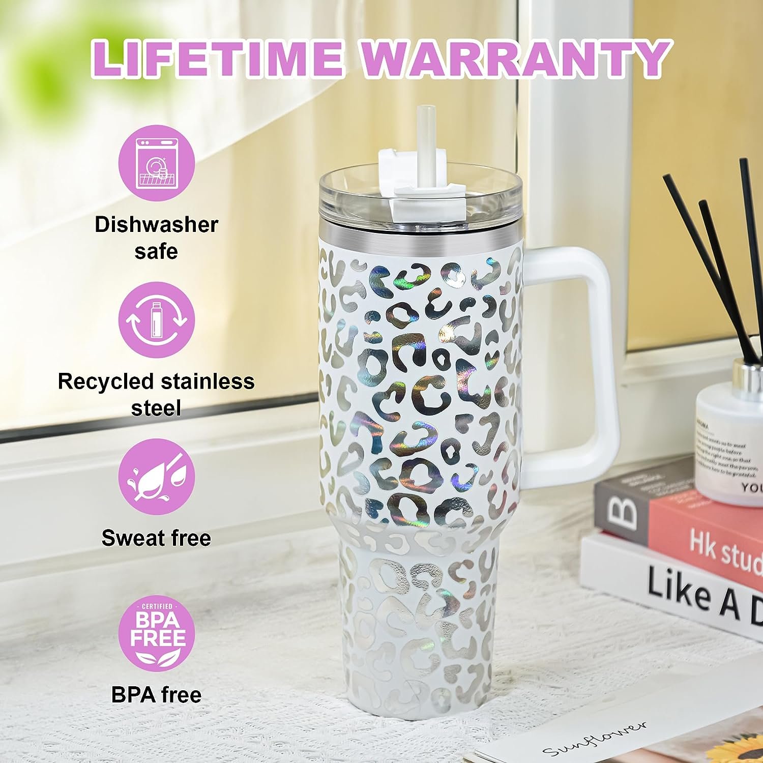Custom Leopard 40 oz Stainless Steel Insulated Metal Travel Mug Temos Coffee Cup 40oz Tumblers With Handle And Straw