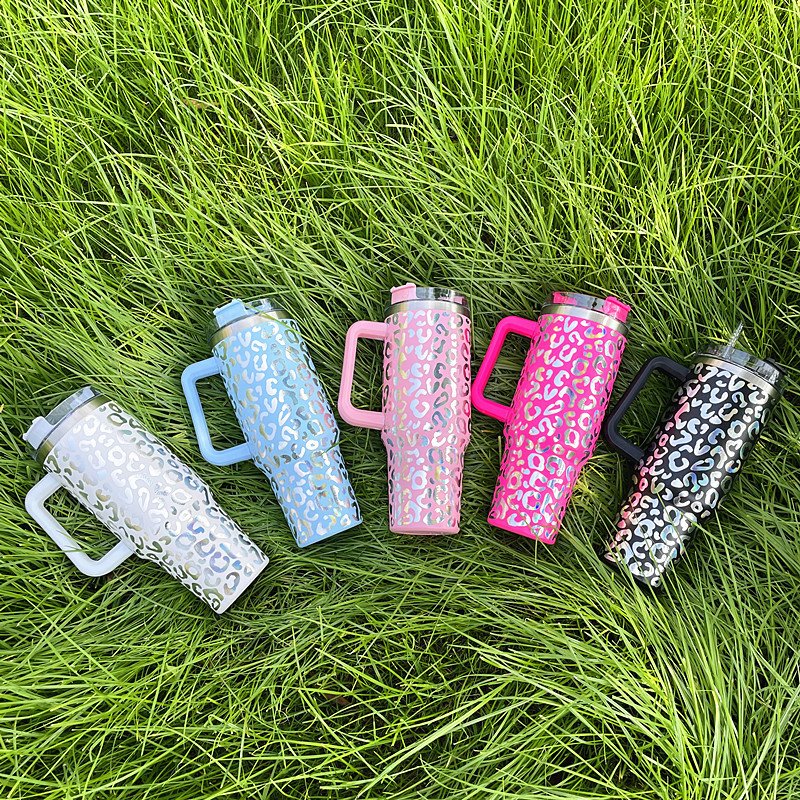 Custom Leopard 40 oz Stainless Steel Insulated Metal Travel Mug Temos Coffee Cup 40oz Tumblers With Handle And Straw