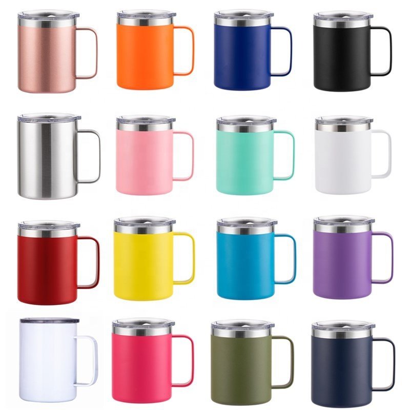 TY 12oz in stock power coating metal 304 stainless steel thermo travel coffee mug with handle With LID