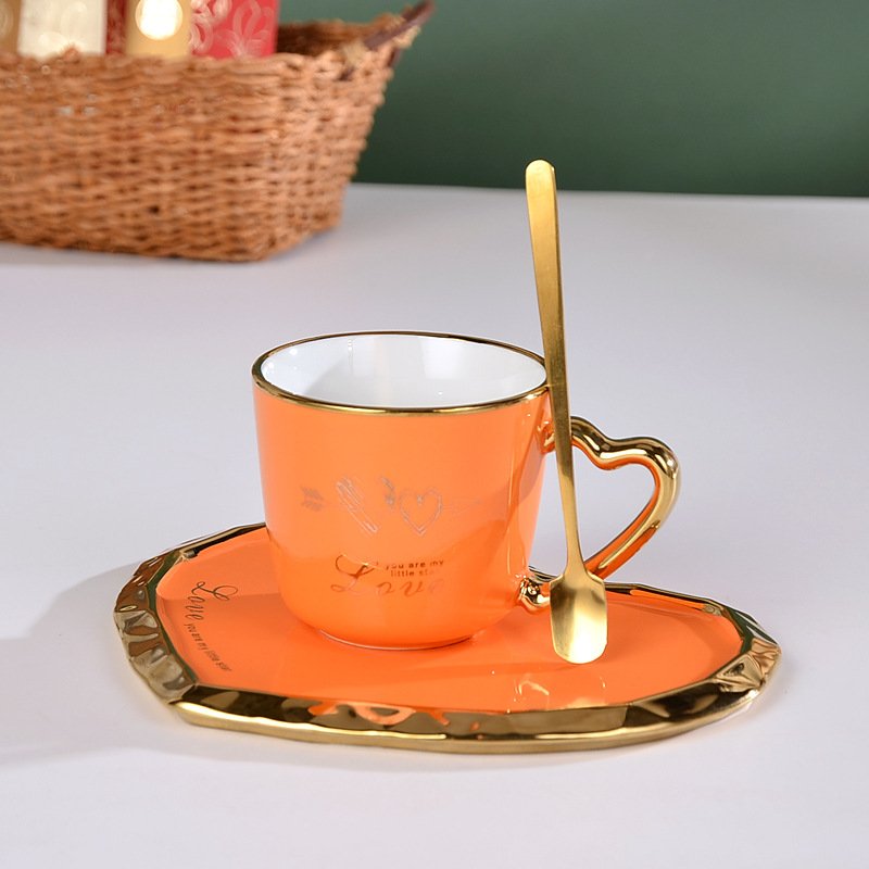 Zogifts gold plated heart shape handle tea cups saucer sets irregular nordic ceramic coffee mugs with tray and spoon