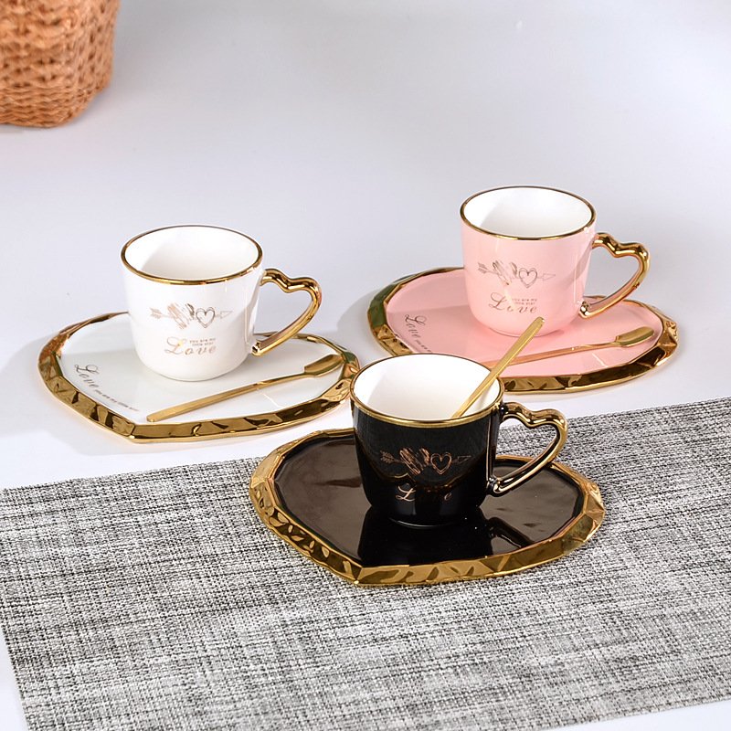 Zogifts gold plated heart shape handle tea cups saucer sets irregular nordic ceramic coffee mugs with tray and spoon