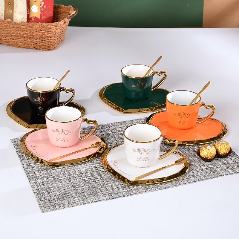 Zogifts gold plated heart shape handle tea cups saucer sets irregular nordic ceramic coffee mugs with tray and spoon