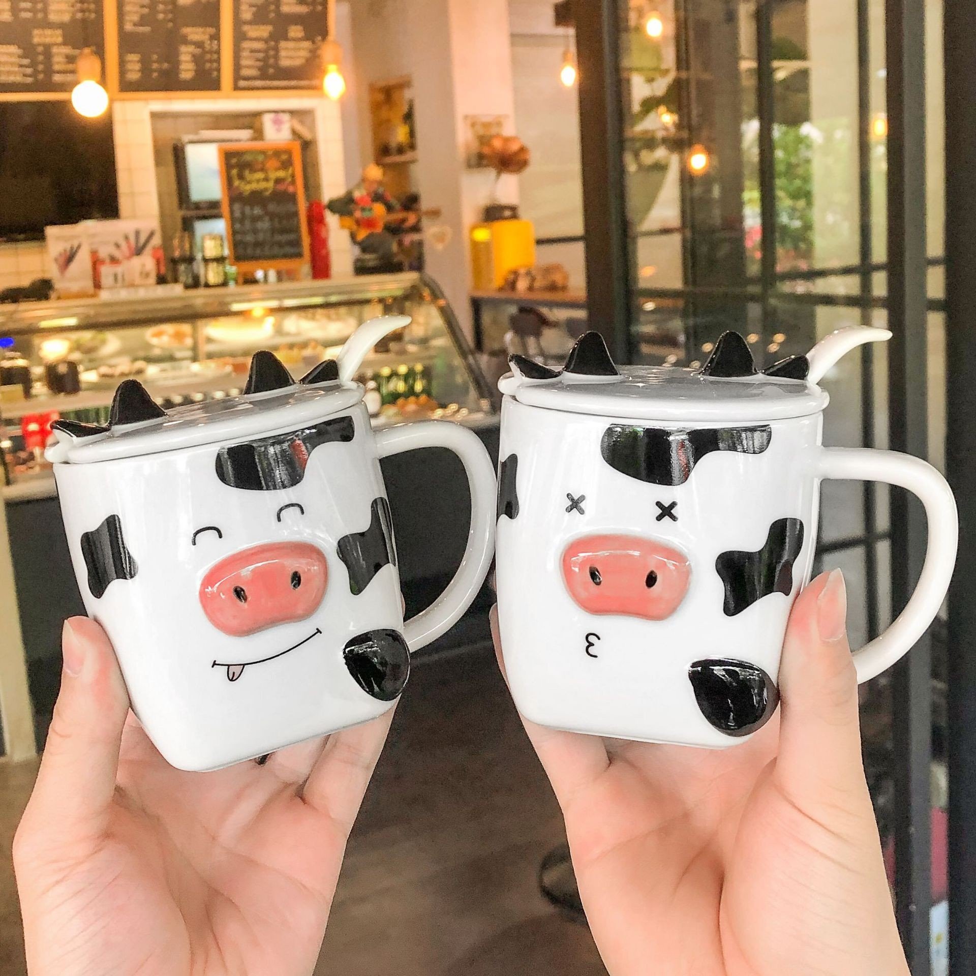 Japanese Cartoon Cow Sublimation Custom Mugs Ceramic Coffee with Lid for Cute Business Office Spoon Mug