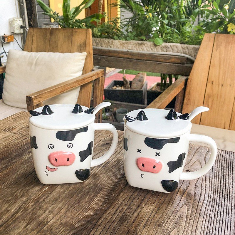 Japanese Cartoon Cow Sublimation Custom Mugs Ceramic Coffee with Lid for Cute Business Office Spoon Mug