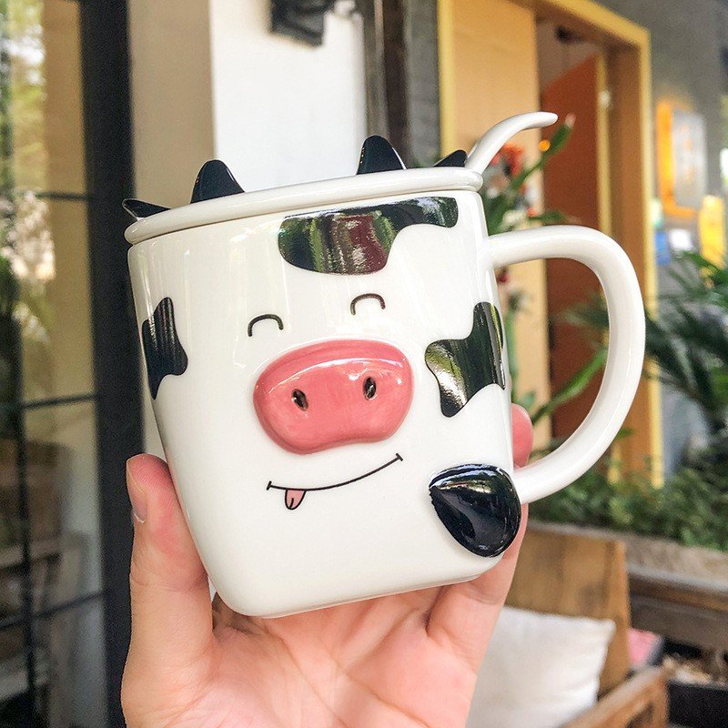 Japanese Cartoon Cow Sublimation Custom Mugs Ceramic Coffee with Lid for Cute Business Office Spoon Mug