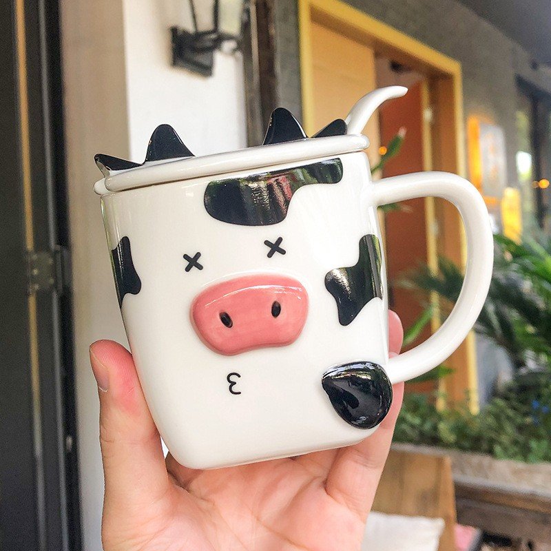 Japanese Cartoon Cow Sublimation Custom Mugs Ceramic Coffee with Lid for Cute Business Office Spoon Mug