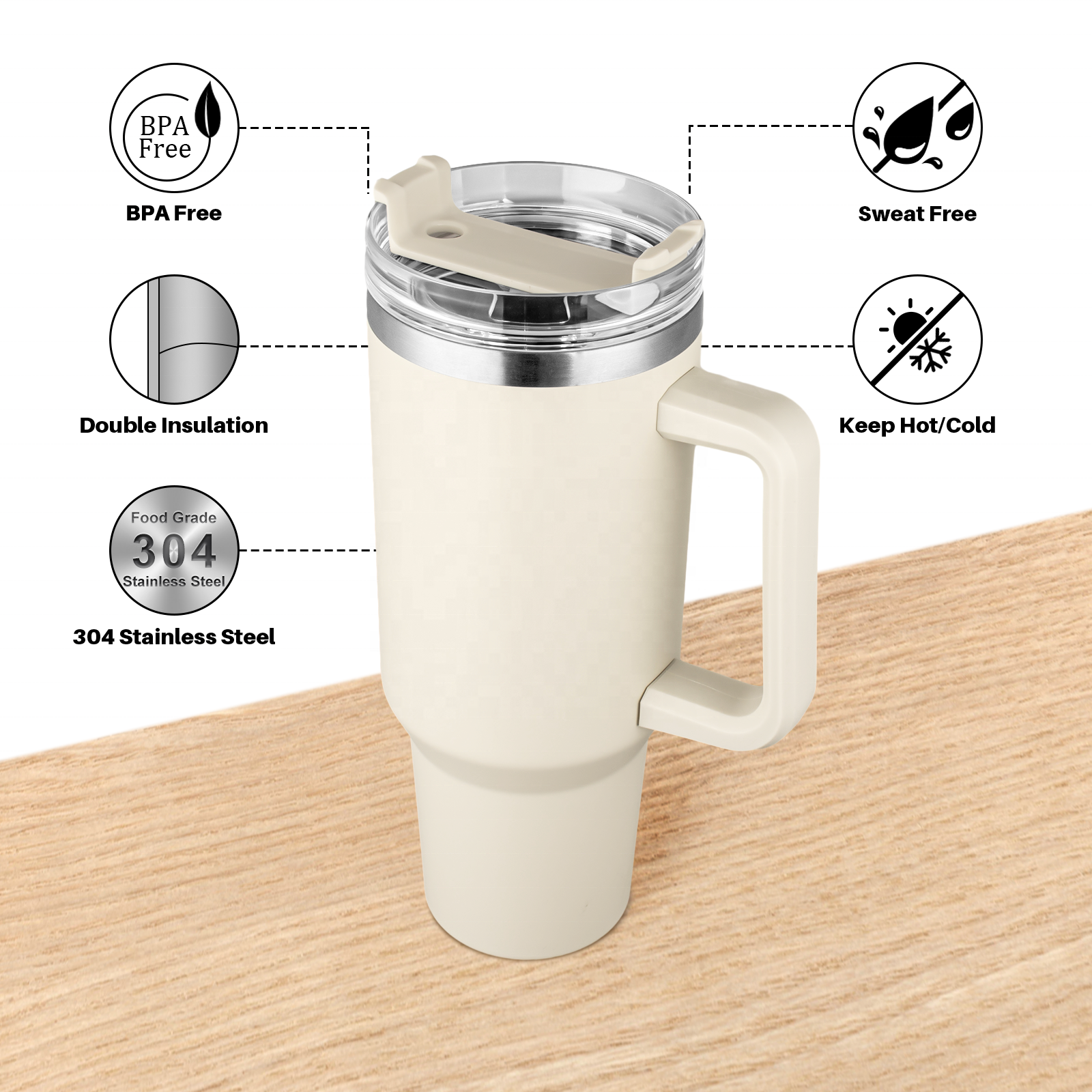Attractive design travel mug coffee tumbler 40oz insulated stainless steel sport water bottle with straw and handle
