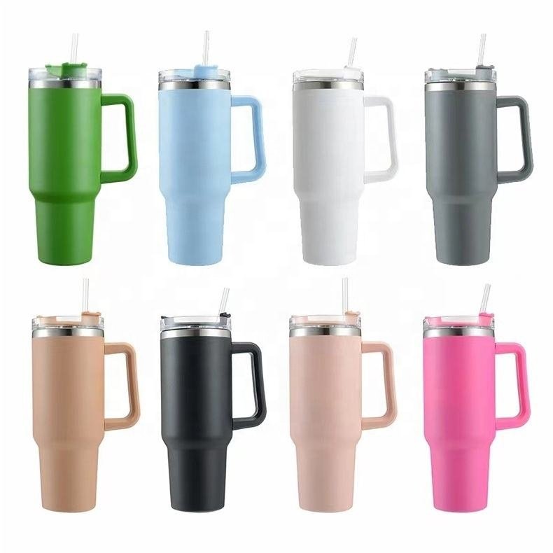 Attractive design travel mug coffee tumbler 40oz insulated stainless steel sport water bottle with straw and handle