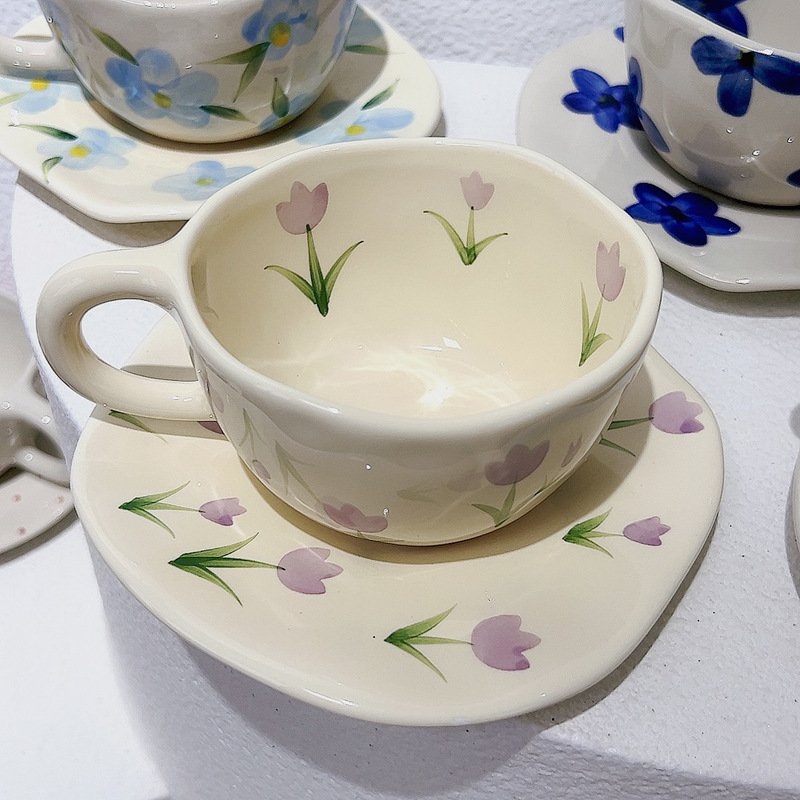 Ins vintage flower ceramic mug and saucer set exquisite couple afternoon tea cup set