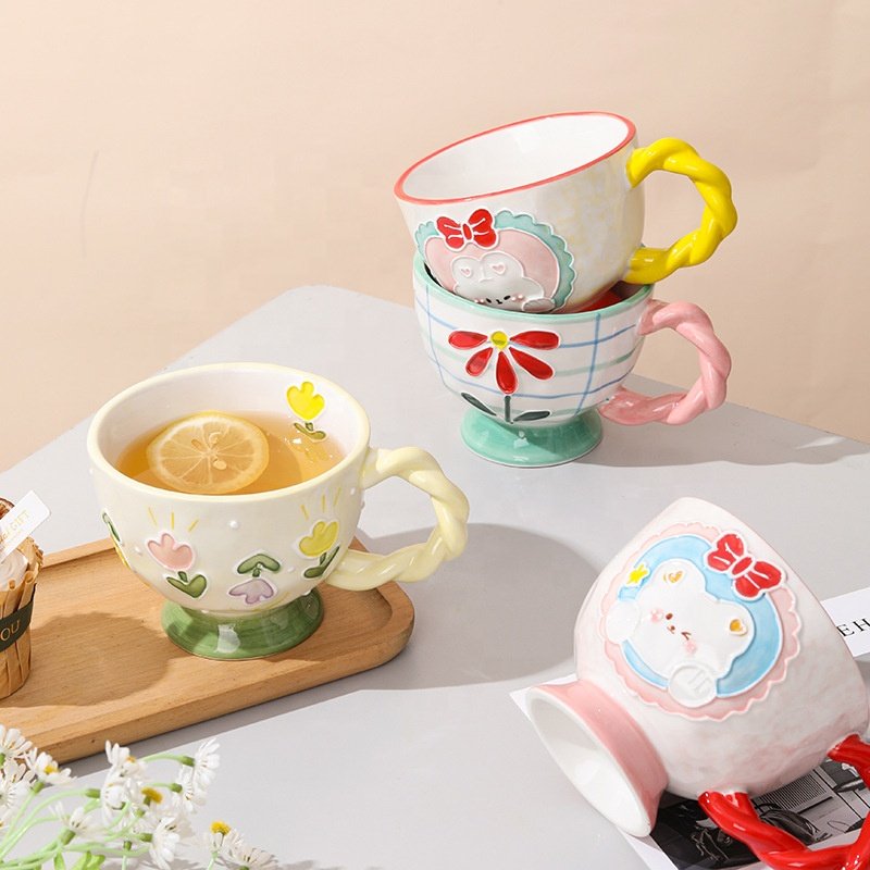Hand-painted Relief Design Mug Ceramic Coffee Mug Creative Flower Cup for Office and Home 14 oz/400 ml for Latte Tea Milk