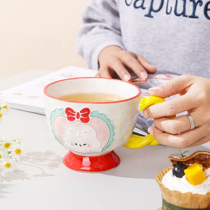 Hand-painted Relief Design Mug Ceramic Coffee Mug Creative Flower Cup for Office and Home 14 oz/400 ml for Latte Tea Milk