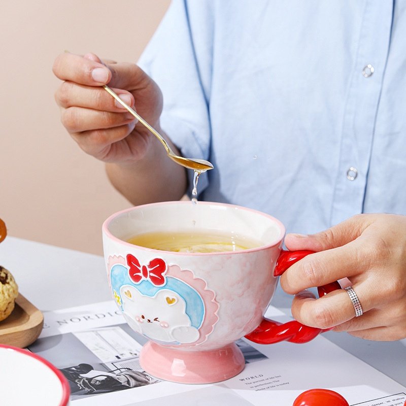 Hand-painted Relief Design Mug Ceramic Coffee Mug Creative Flower Cup for Office and Home 14 oz/400 ml for Latte Tea Milk