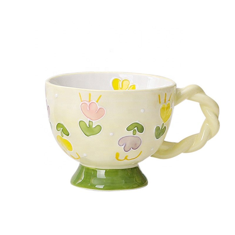 Hand-painted Relief Design Mug Ceramic Coffee Mug Creative Flower Cup for Office and Home 14 oz/400 ml for Latte Tea Milk
