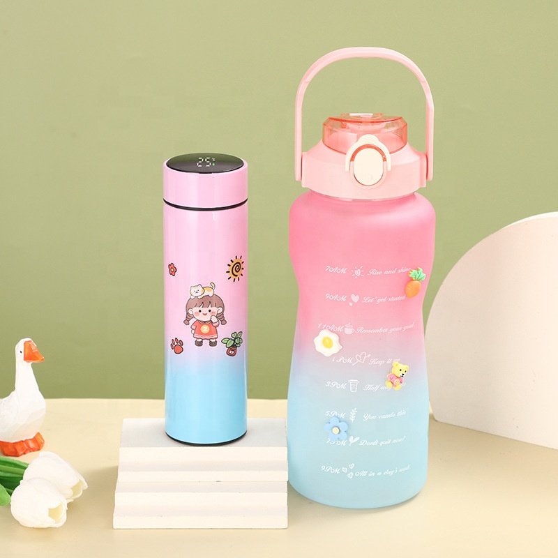 2000ml botellones 2 in 1 set tomatodo,plastic water bottle and vacuum flask with temperature display LED lid