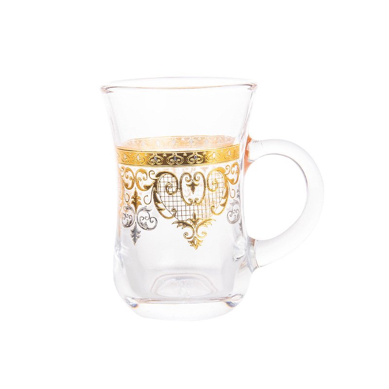 New 2024 Gold Pattern Turkish Style Glass Cup Factory Retro Coffee Tea Mug Cup Set With Clear Gold Rim
