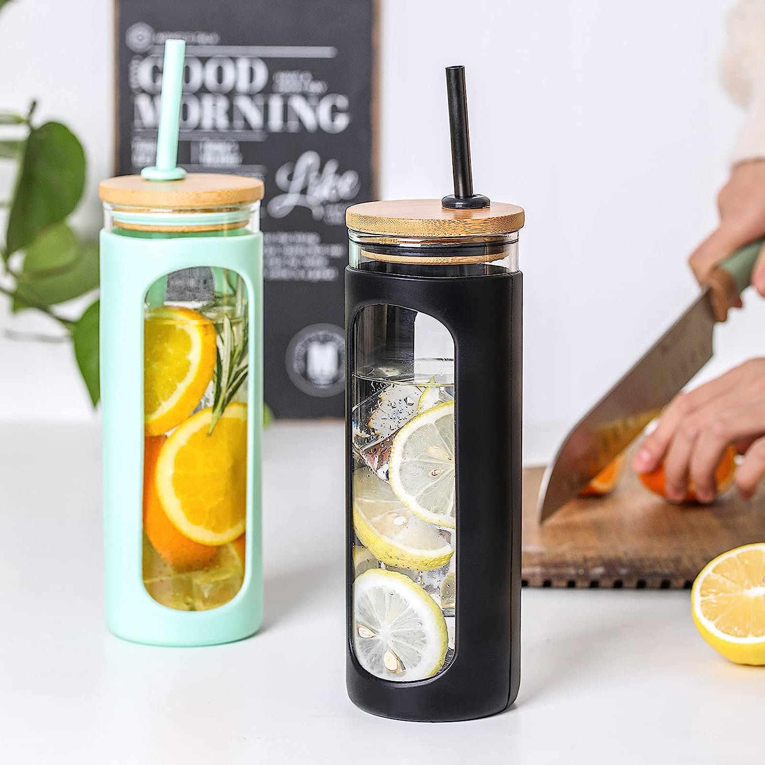 BPA FREE 24 oz Wide Mouth Smoothie Cups Glass Water Bottle with Straw and Lid Silicone Protective Sleeve