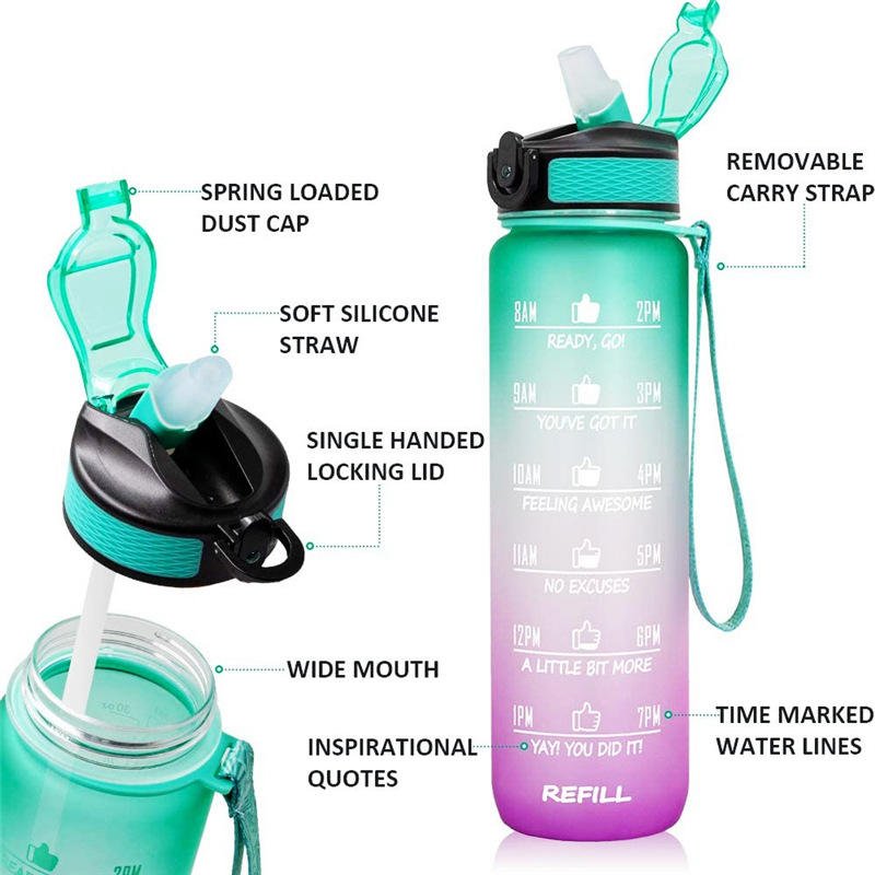 Leakproof Tritan BPA Free 1l Fitness Outdoor Sports Water Jug with Time Marker Large Plastic Motivational Water Bottle