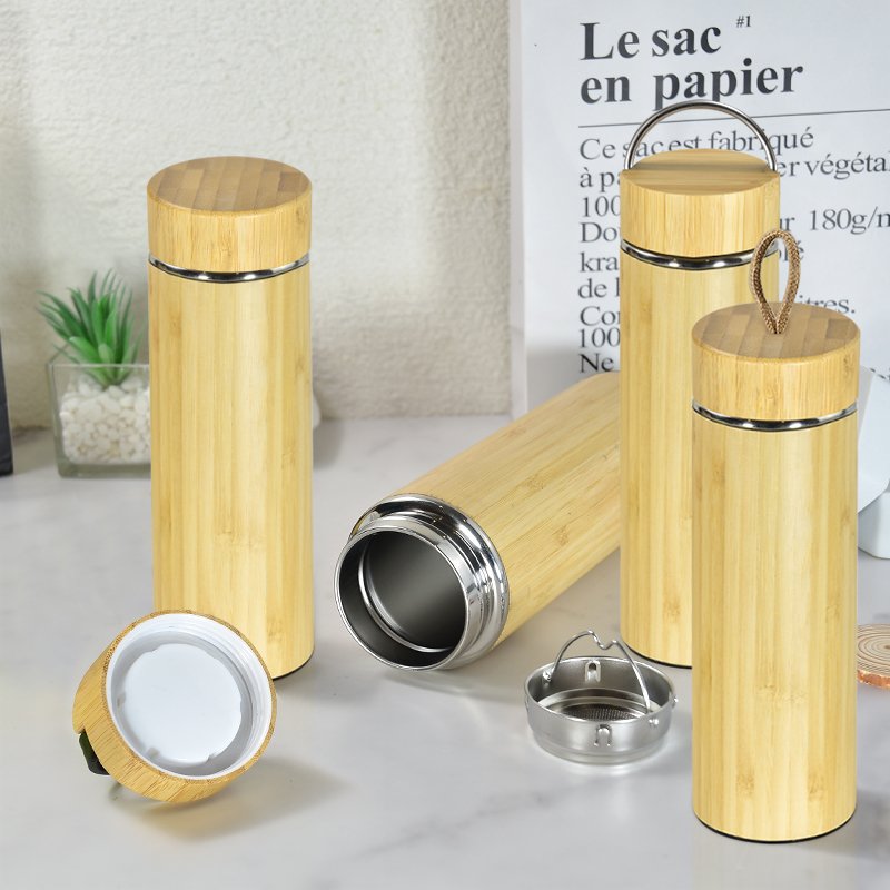 Wholesale stainless Steel Eco Friendly Bamboo Water Bottle Biodegradable Bamboo Drink Tea Infuser Coffee Water Bottle BPA Free