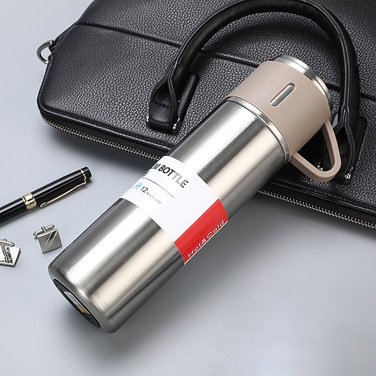 Business Custom 304 Stainless Steel Vacuum Flask Gift Set With One Cup Two Lid Gift Box Water Bottle