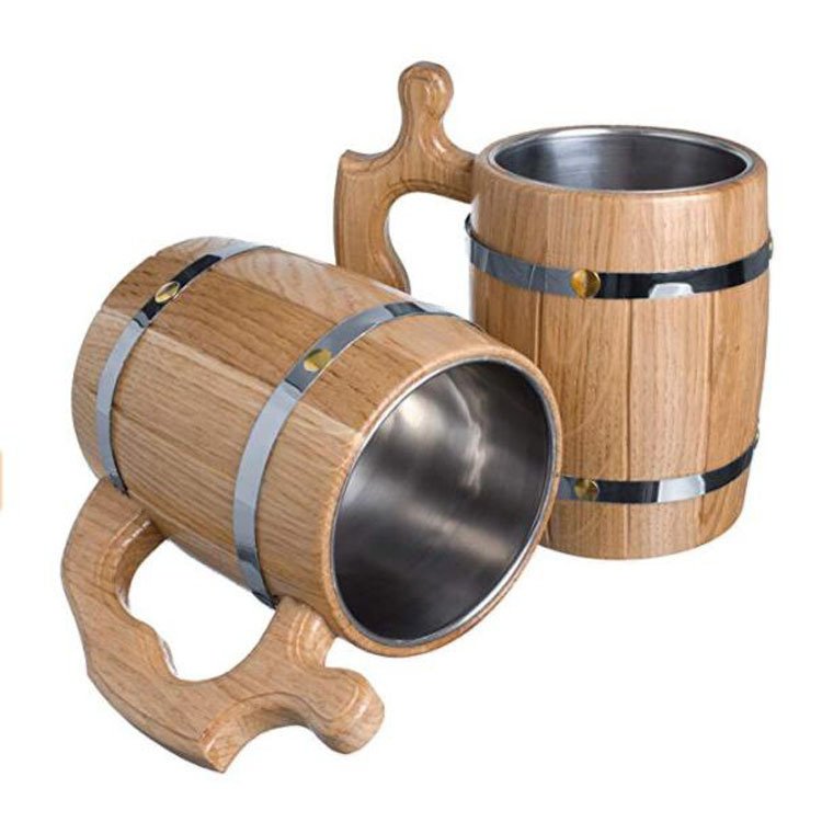 Custom White Oak Wood Beer Cup High quality Barrel Shape Wooden Beer Mug For Bar