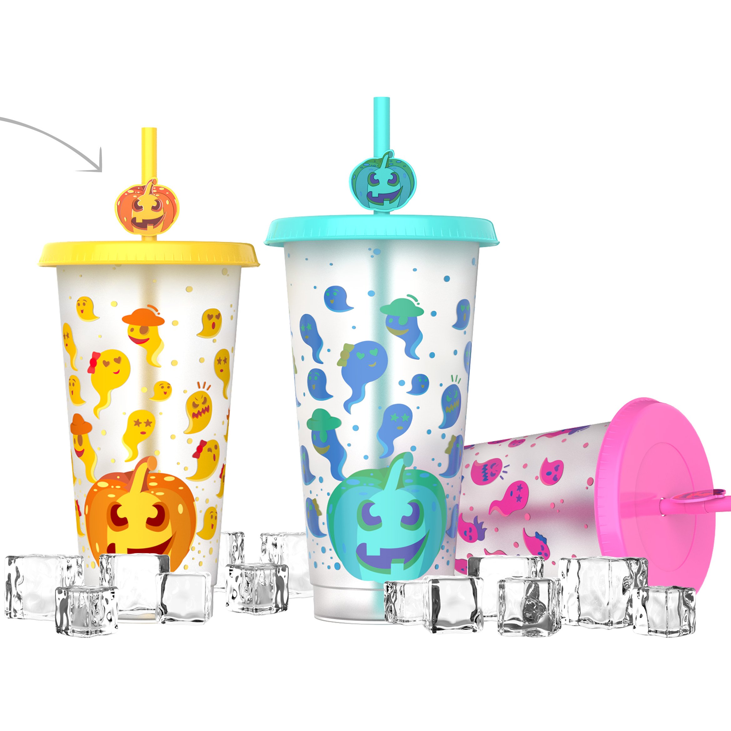Custom Set Gift Cup Tumbler Plastic Cold Color Changing Cartoon Ghost Magic Coffee Halloween Mug