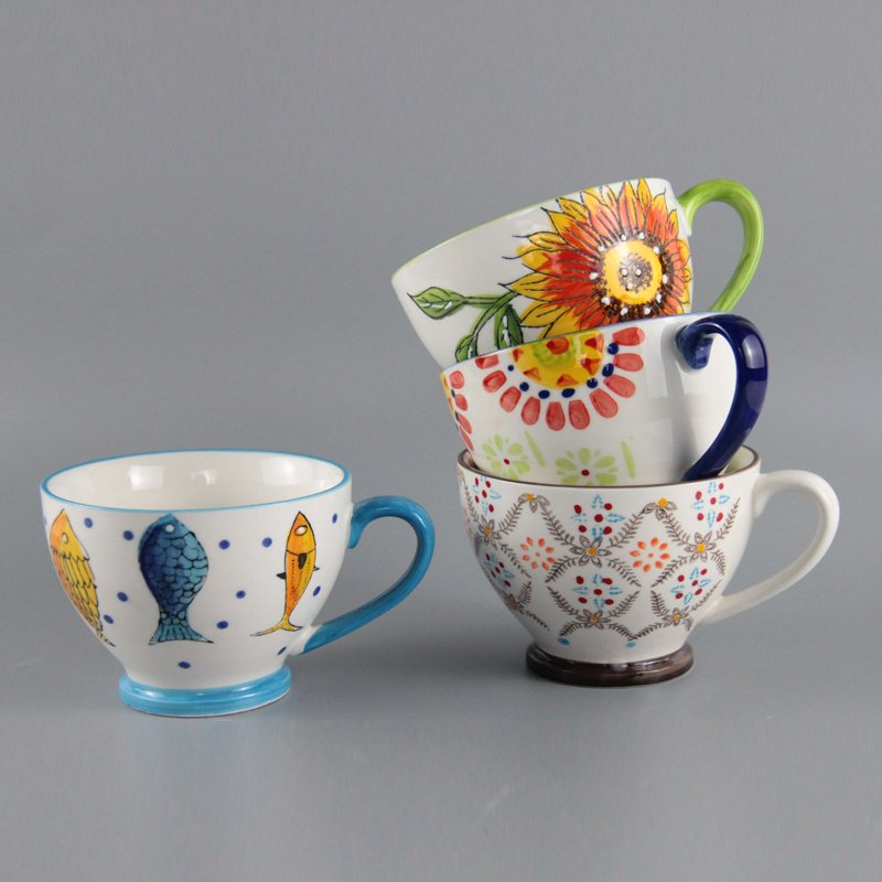 400ml Vintage ceramic cup mug hand painted happy animal flowers footed ceramic stamped mug round