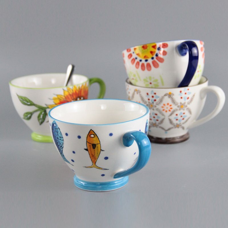 400ml Vintage ceramic cup mug hand painted happy animal flowers footed ceramic stamped mug round