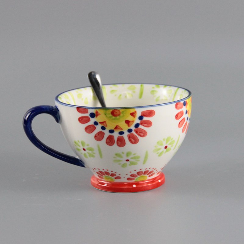 400ml Vintage ceramic cup mug hand painted happy animal flowers footed ceramic stamped mug round